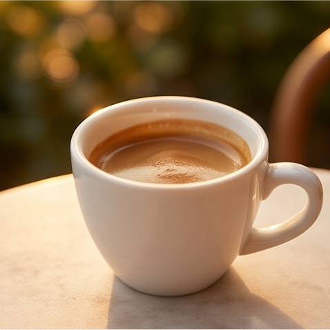 Mermer masada çift shot espresso, altın saat ışığında