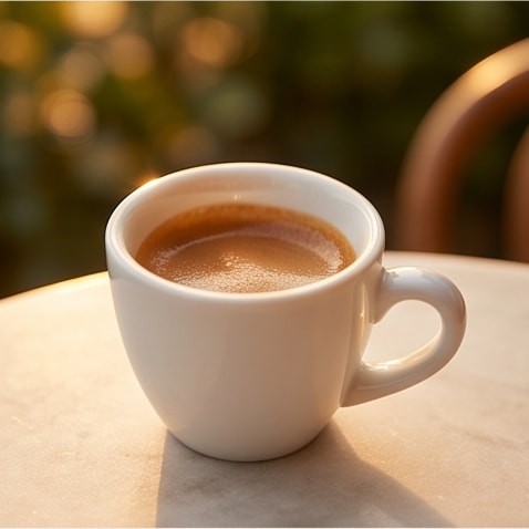 Mermer masada tek shot espresso, altın saat ışığında
