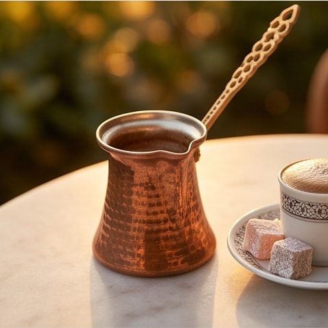 Bakır cezve ve yanında lokumlu Türk kahvesi fincanı